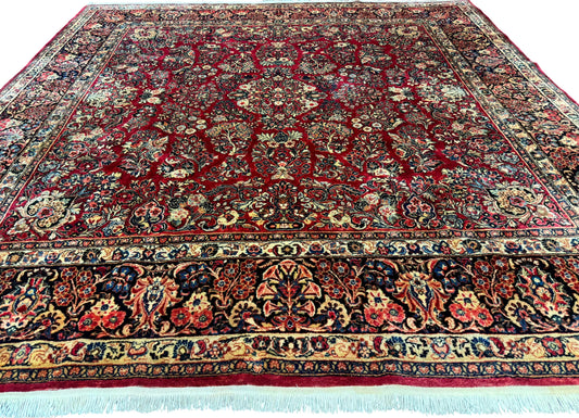 Persian Sarouk Rug 10x10, Square Persian Carpet, Red, Floral, Antique