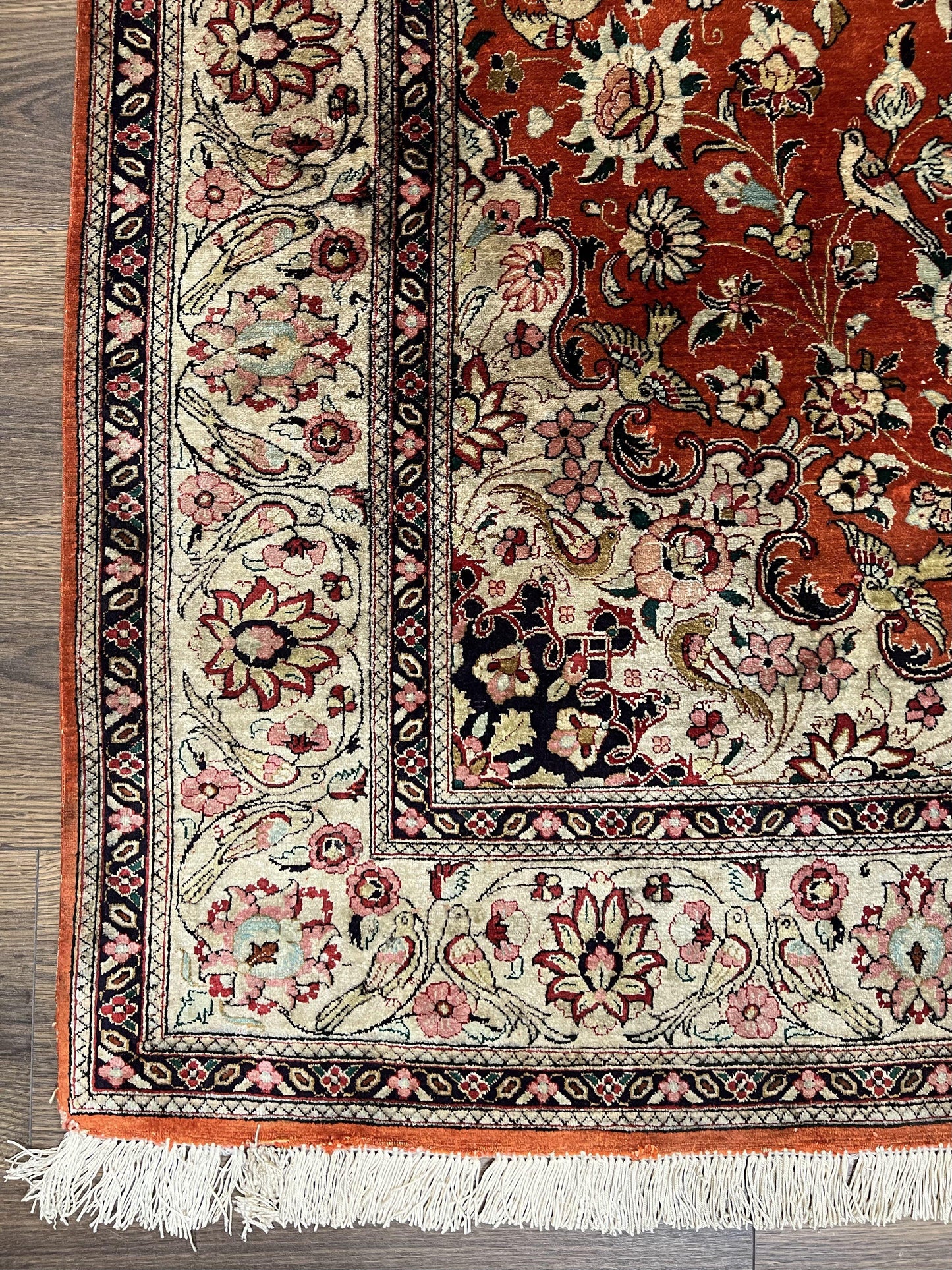 Persian Qum Silk Rug 5x7 - Floral Medallion, Birds, Orange-Red