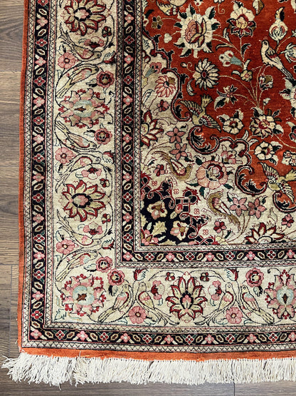 Persian Qum Silk Rug 5x7 - Floral Medallion, Birds, Orange-Red