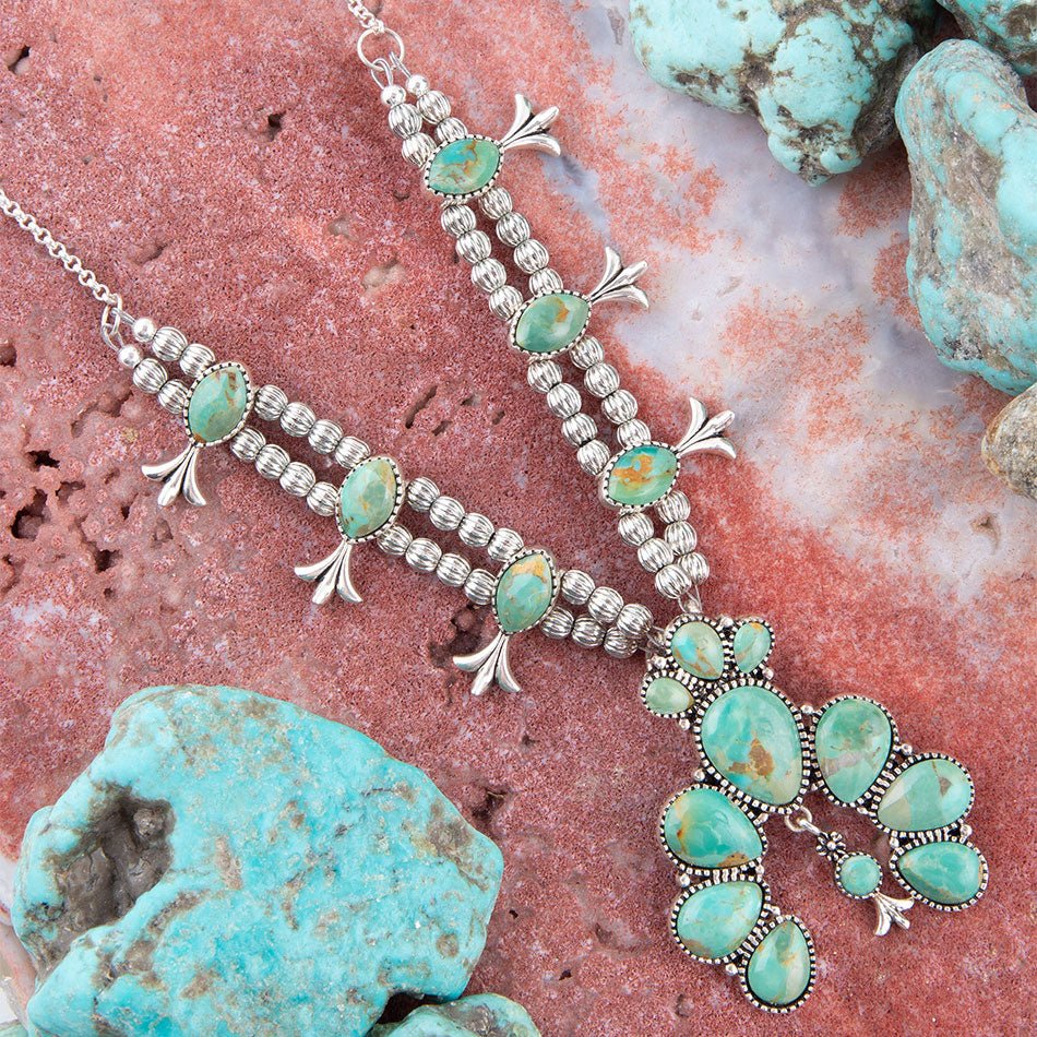 Squash Blossom Statement Blå Turkos och Sterlingsilver Halsband