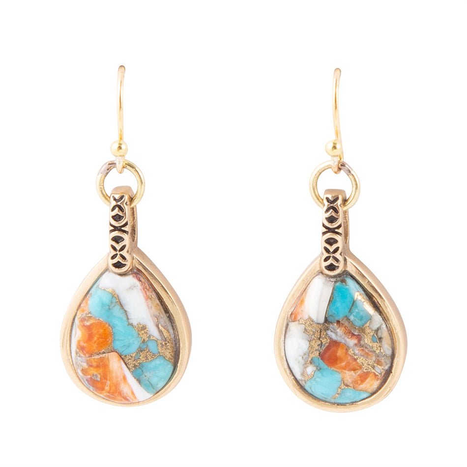 Pendientes dorados con mezcla de piedra de concha de turquesa turquesa y ostra espinosa azul y naranja