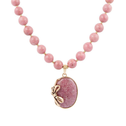 Gifted Pink Rhodonite Gold Bow Beaded Pendant Necklace