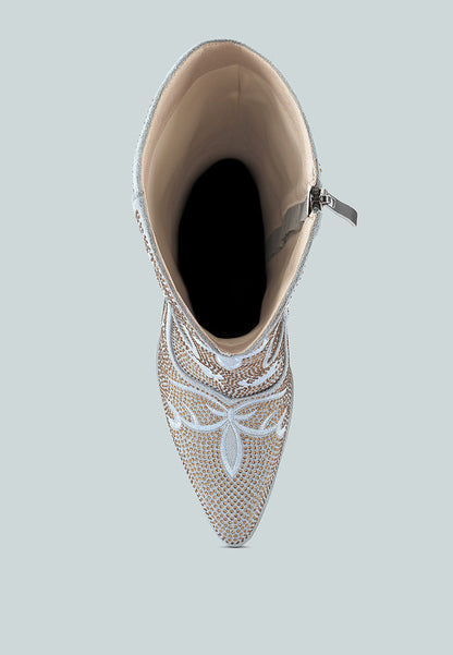 Glimmer Rhinestone Embellished Calf Boots – Stylish Cowgirl Boots with Embroidery