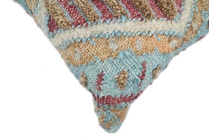 Hand Woven Boho Tribal Accent Mustard and Blue Jute and Wool Pillow, Cushion | PL13