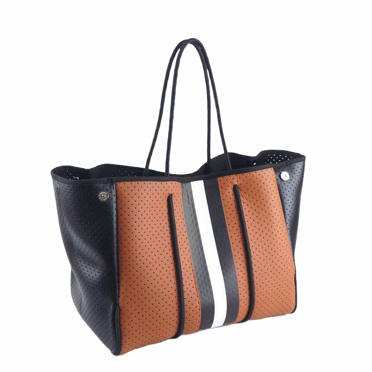 La Borsa Tote Aniella in Neoprene - Marrone e Nero con Striscia Bianca