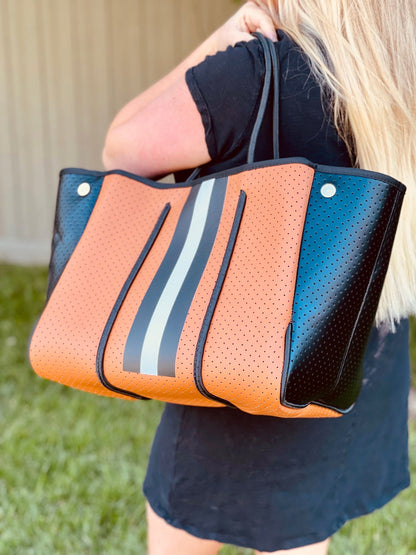 La Borsa Tote Aniella in Neoprene - Marrone e Nero con Striscia Bianca