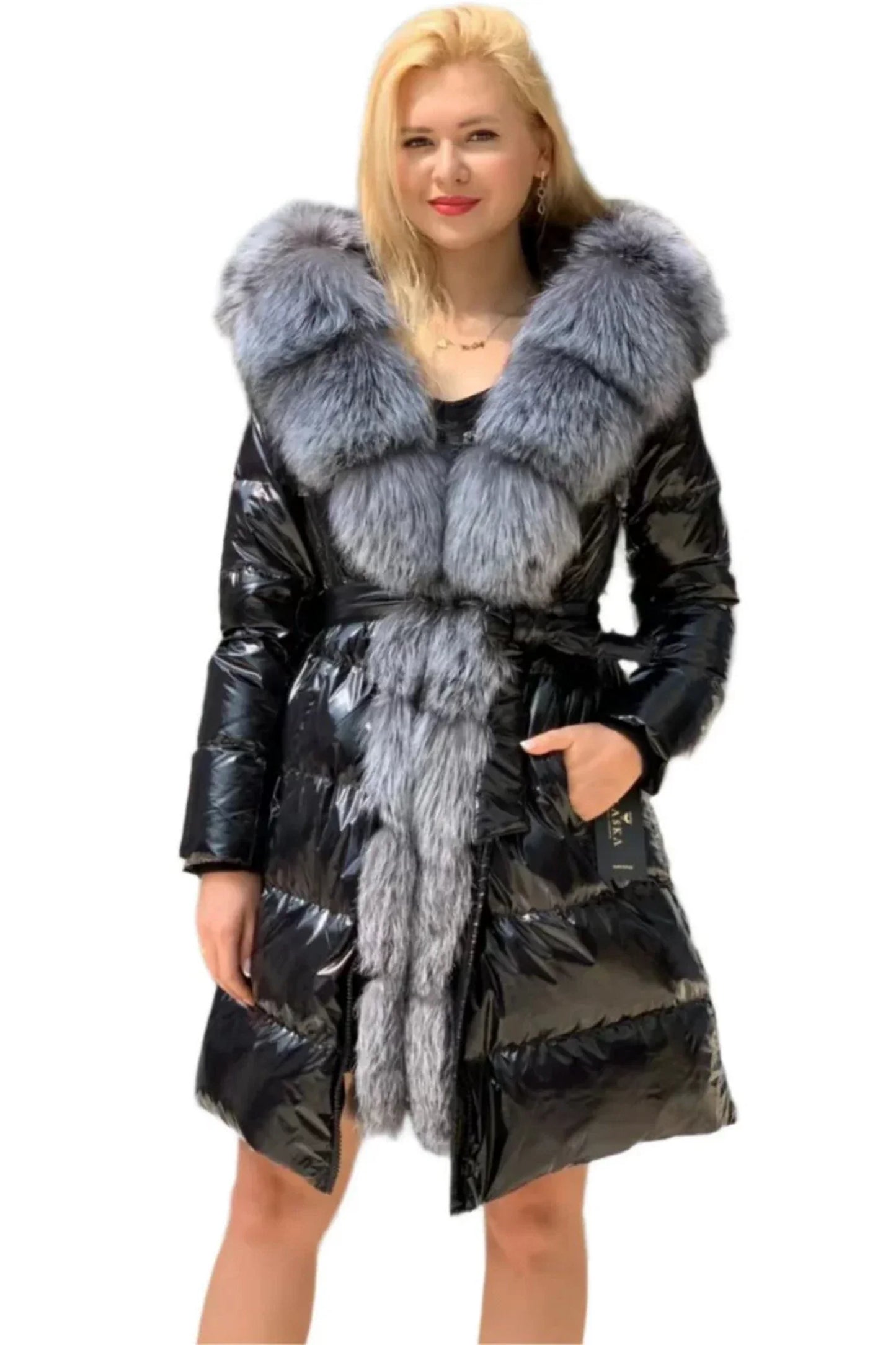 Parka en duvet de renard argenté véritable Onyx 107cm