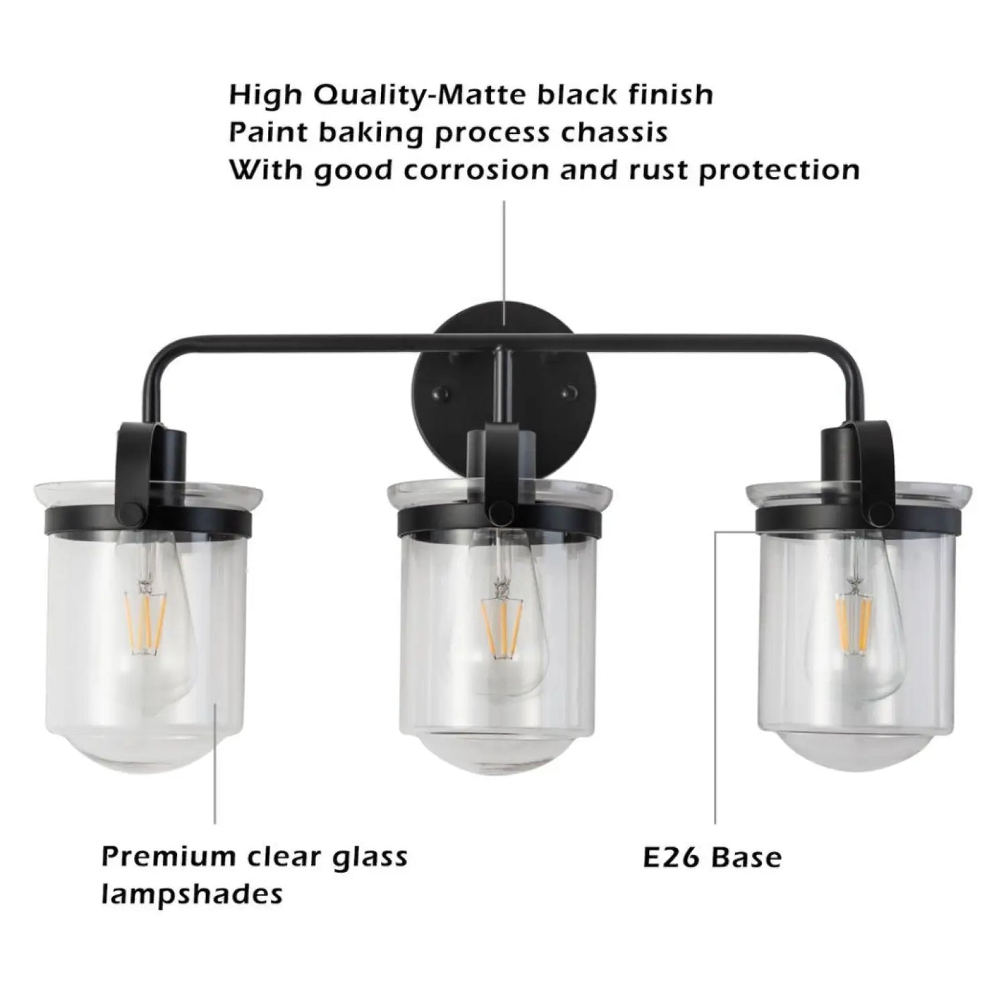 Inomhusvägglampor i modern svart finish med glasskärm och E26-sockel