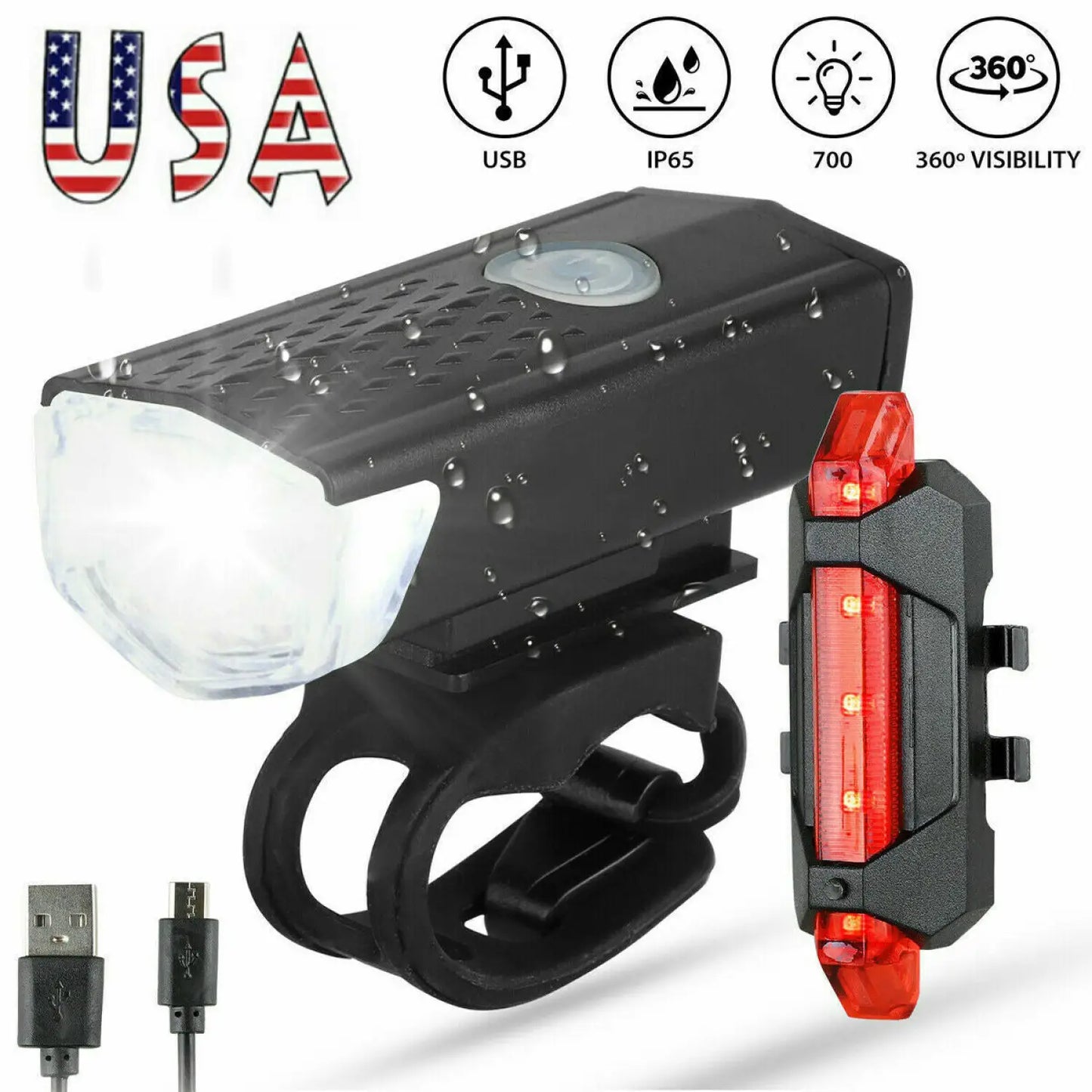 Set di luci LED per bici con fanale anteriore e posteriore ricaricabili via USB