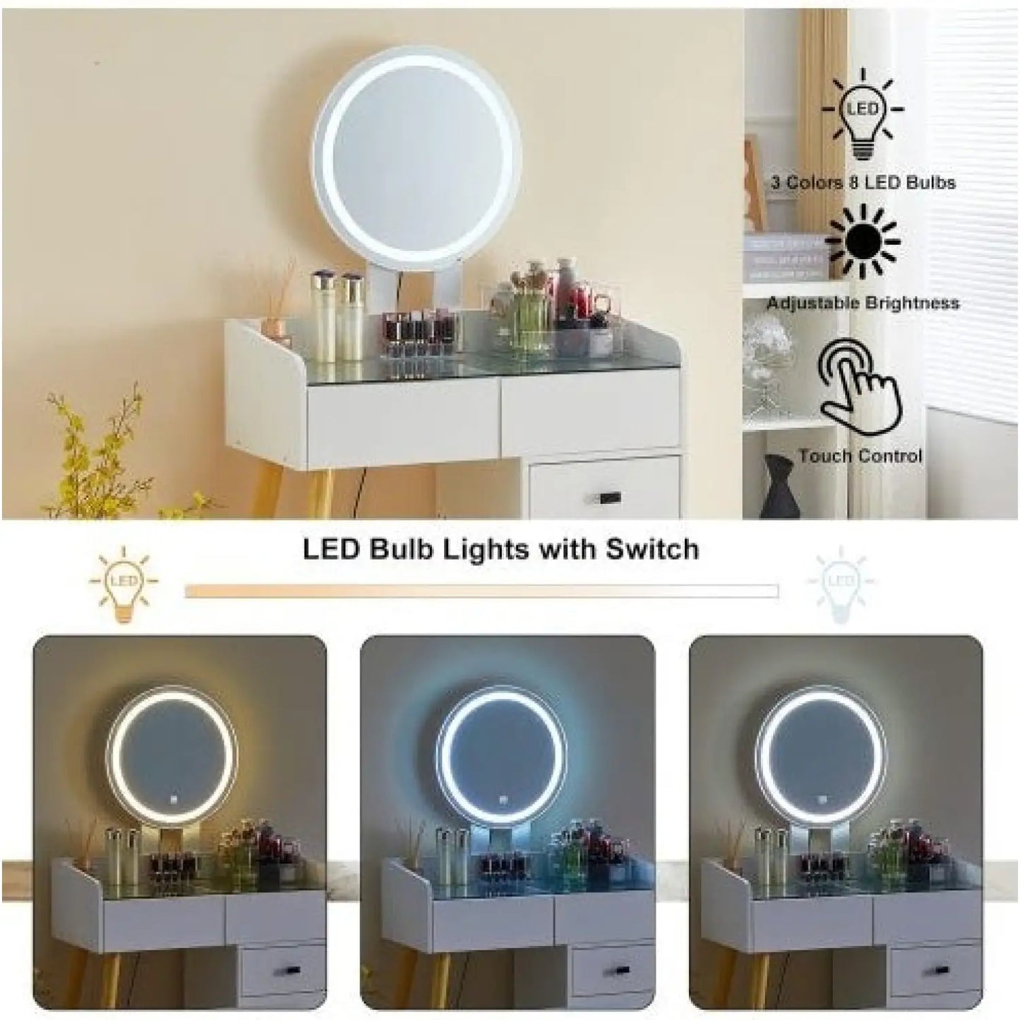 LED-lampa på spegel sminkbord med 5 lådor och glastopp