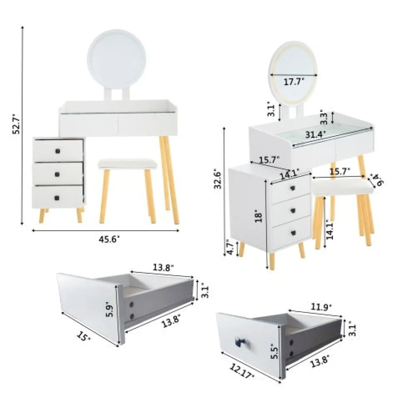 LED-lampa på spegel sminkbord med 5 lådor och glastopp