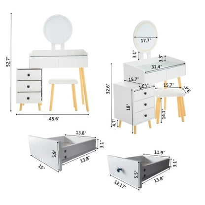 LED-lampa på spegel sminkbord med 5 lådor och glastopp
