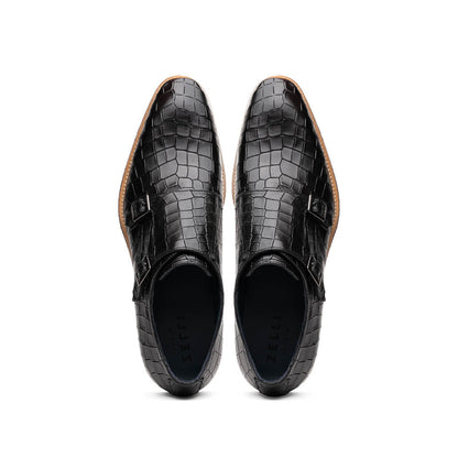 55-112-BLK LEGERRA Hand Burnished Crocodile Print Monkstrap Black