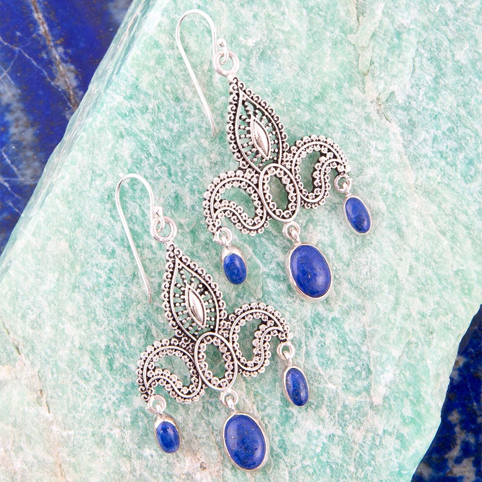 Mehendi blå lapis och sterlingsilver ljuskrona örhängen