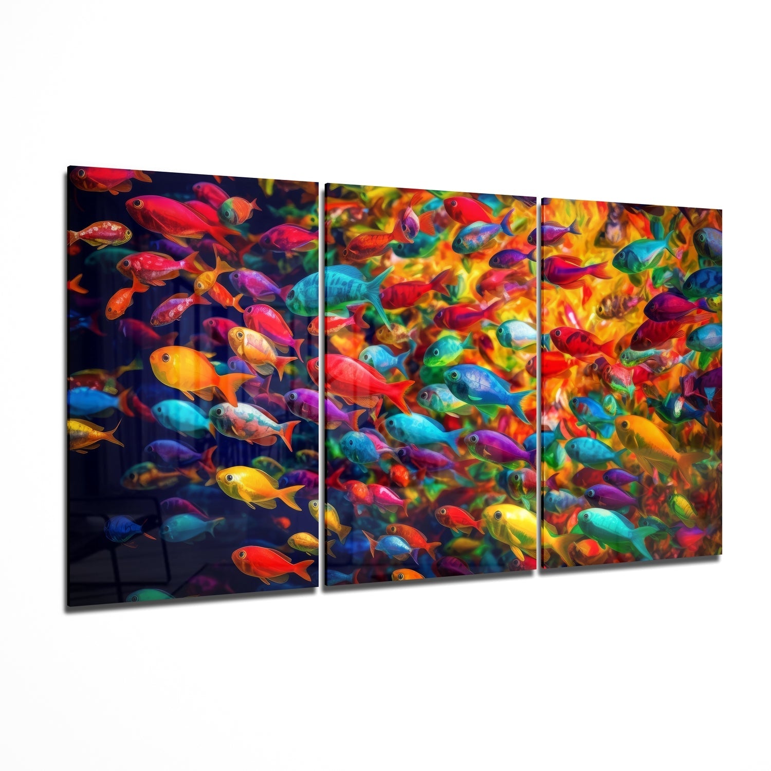Skleněný nástěnný triptych s motivem duhových rybek