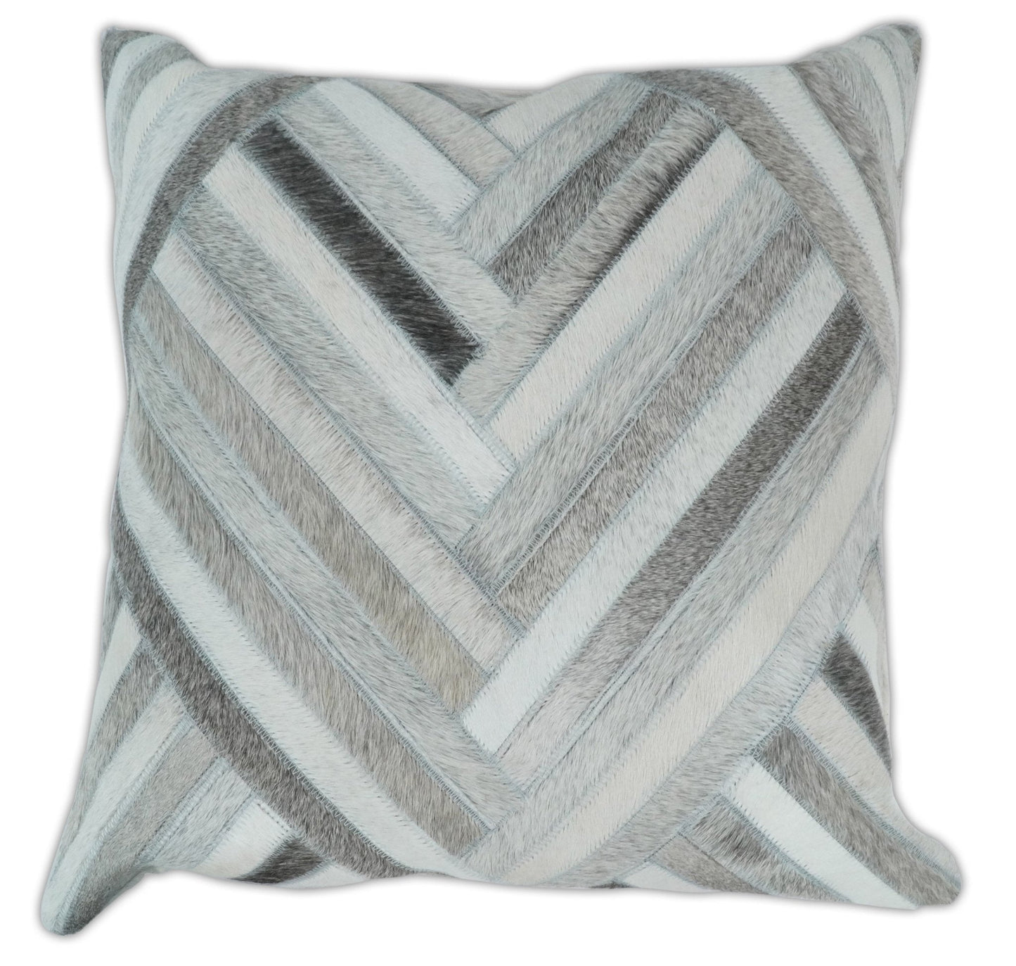 Modern Geometric Silver and Ivory Striped Genuine leather Pillow, Cushion | PL18