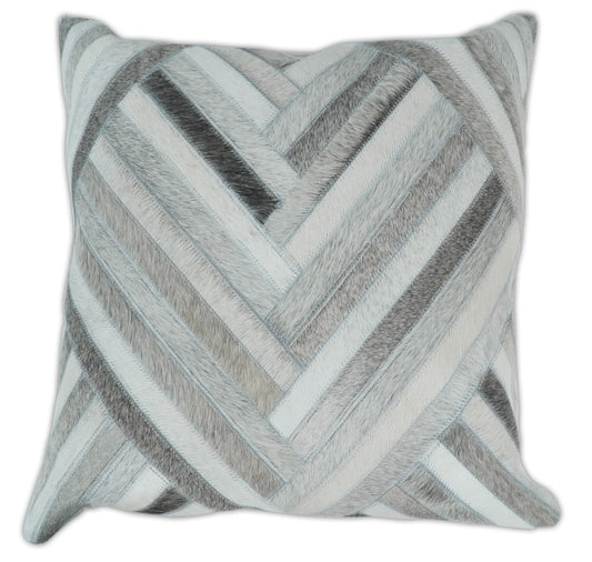 Modern Geometric Silver and Ivory Striped Genuine leather Pillow, Cushion | PL18