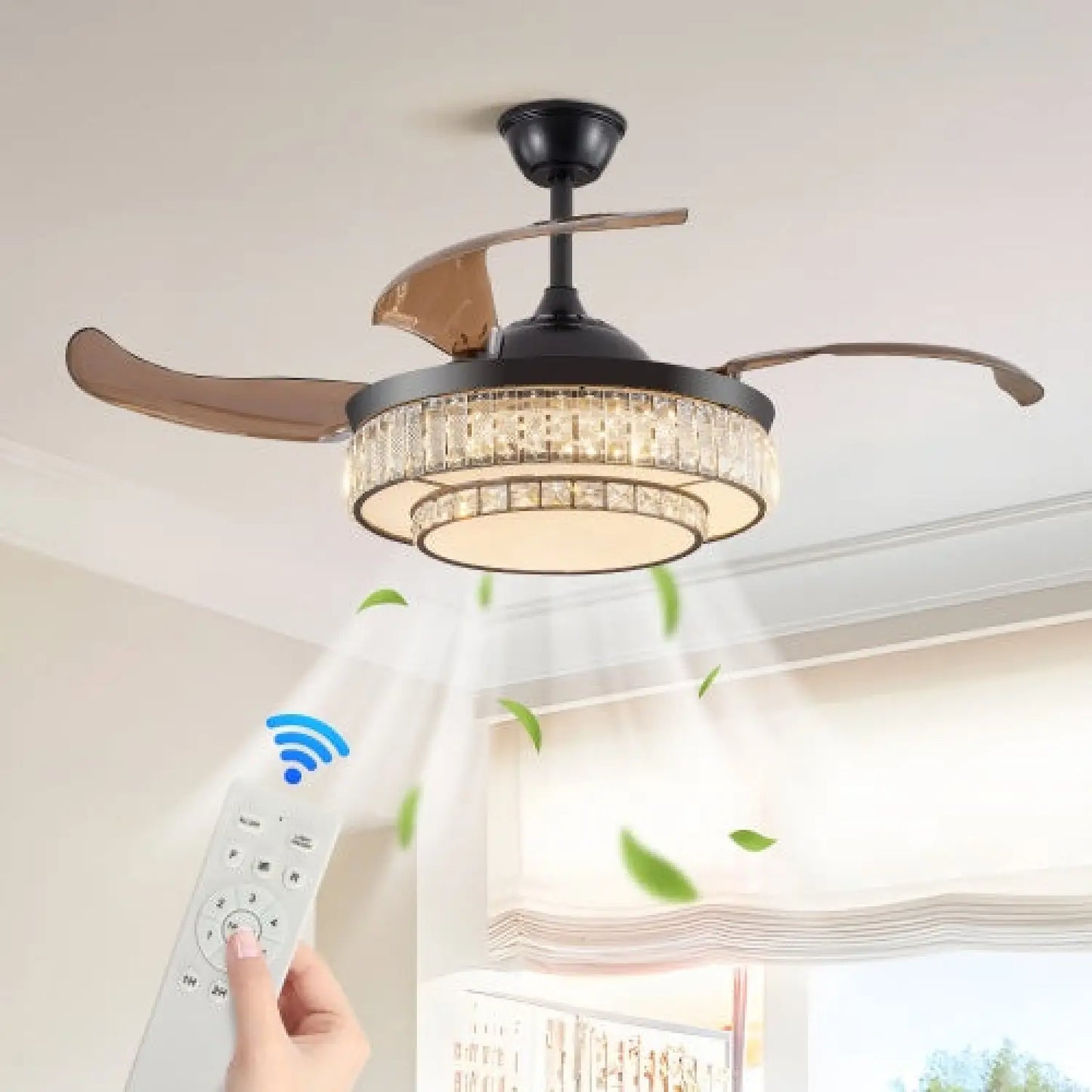 Modern inomhustakfläkt med utdragbar LED-lampa, fjärrkontroll och 4 blad