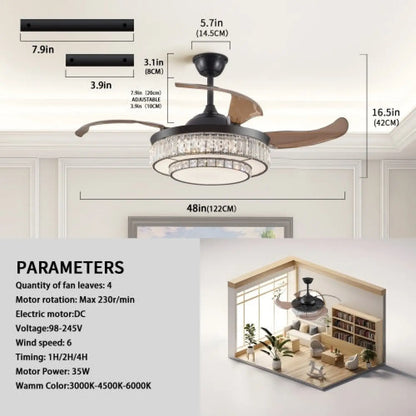 Modern inomhustakfläkt med utdragbar LED-lampa, fjärrkontroll och 4 blad