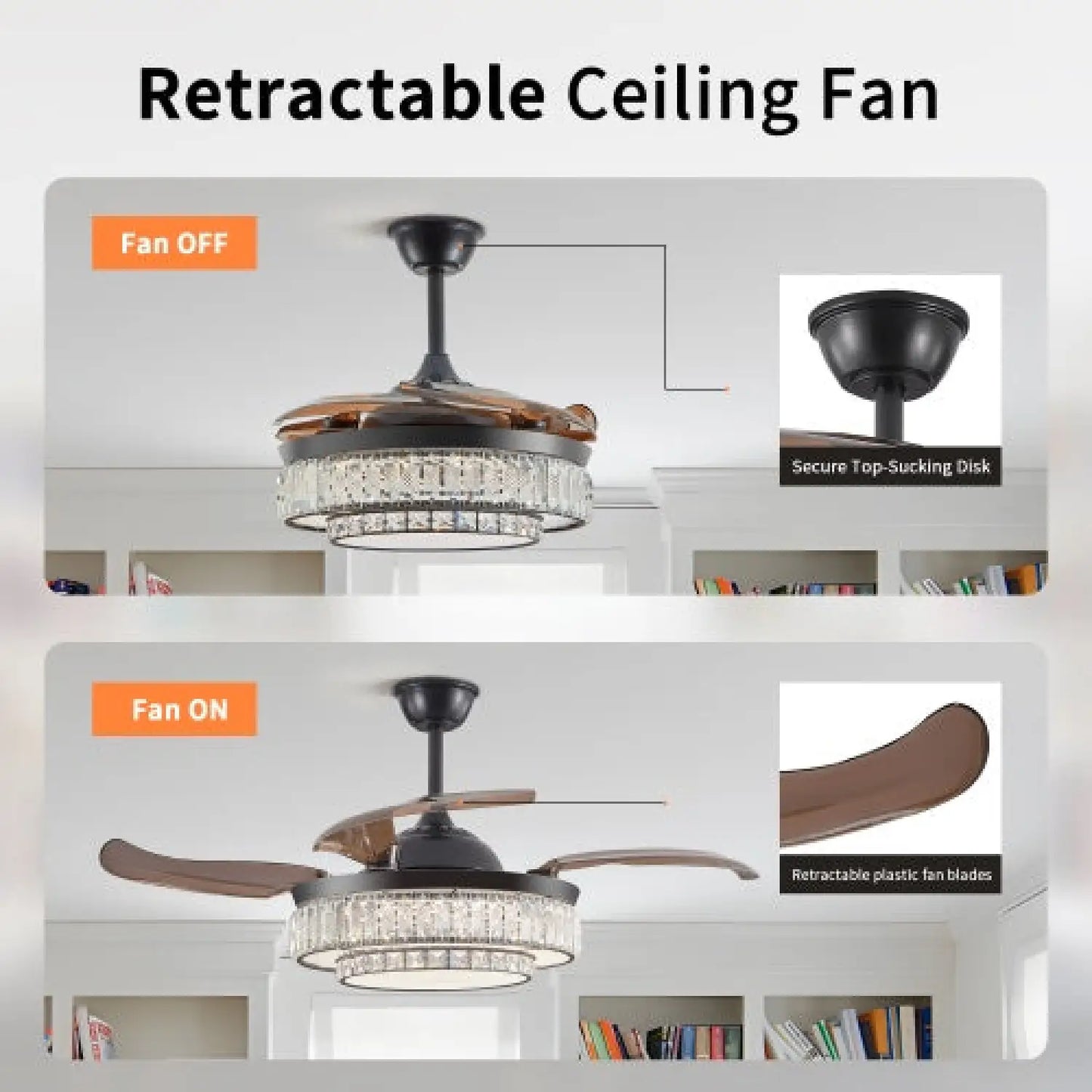 Modern inomhustakfläkt med utdragbar LED-lampa, fjärrkontroll och 4 blad
