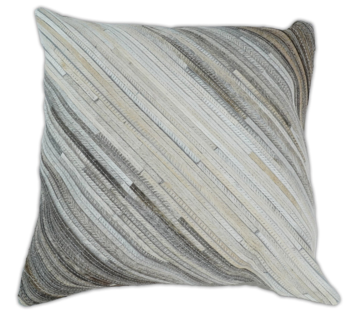 Modern Stripes Ivory and Gray Genuine Leather Accent Pillow, Cushion | PL17