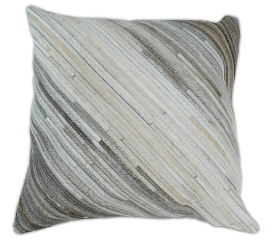 Modern Stripes Ivory and Gray Genuine Leather Accent Pillow, Cushion | PL17