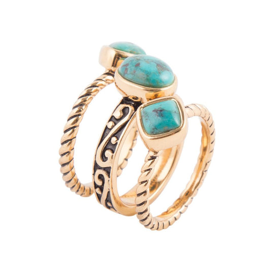 Set di anelli a triplo motivo con turchese blu e dorato