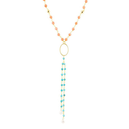 Collana a Y dorata con corallo arancione e pietre multiple