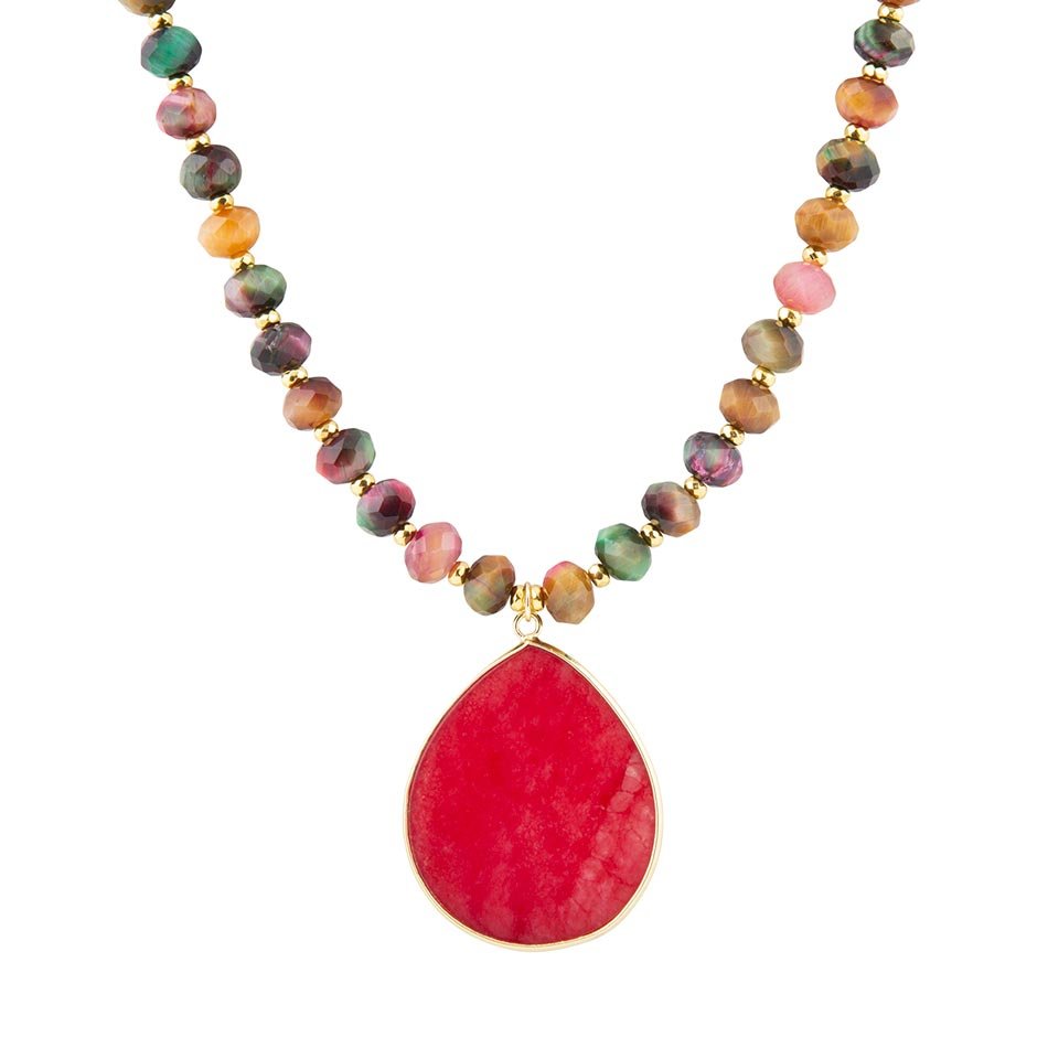 Smycke med flerfärgad tigeröga och rosa jade, guldfärgat halsband