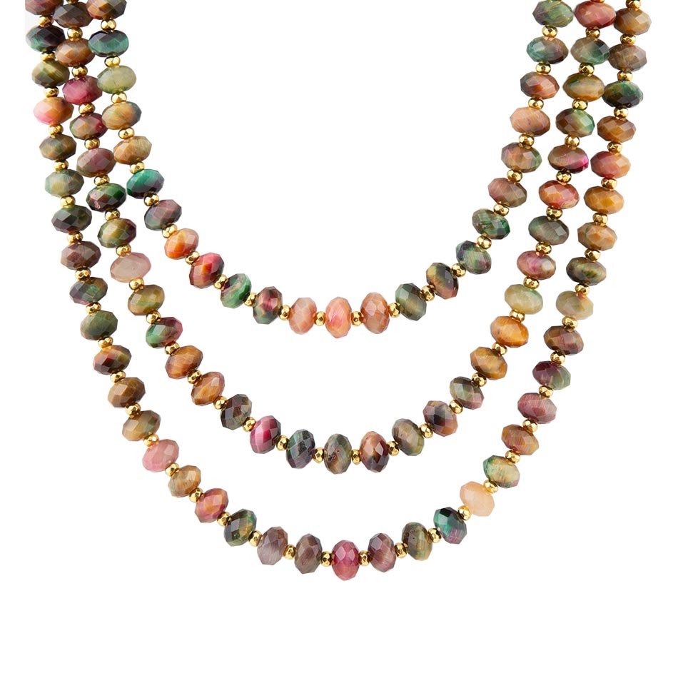 Collana dorata a triplo filo con occhio di tigre multicolore incastonato