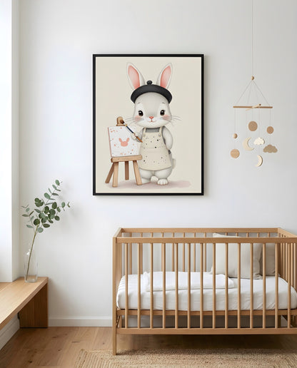 Nursery Baby Bunny Artist Retro Flat Character Printable Wall Art — framed in white on a neutral nursery wall