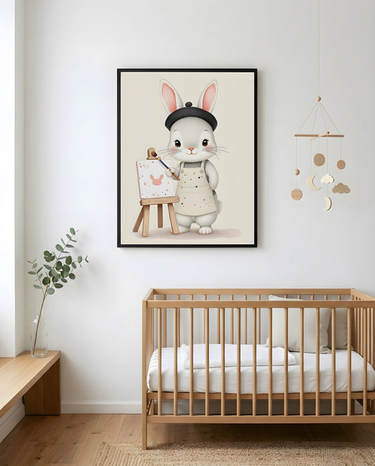 Nursery Baby Bunny Artist Retro Flat Character Printable Wall Art — framed in white on a neutral nursery wall