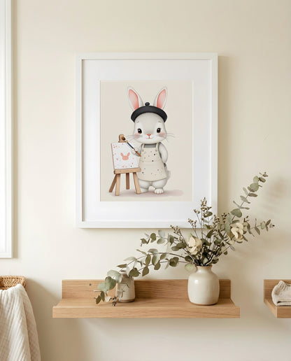Nursery Baby Bunny Artist Retro Flat Character Printable Wall Art — close-up on a nursery shelf alongside small ornaments