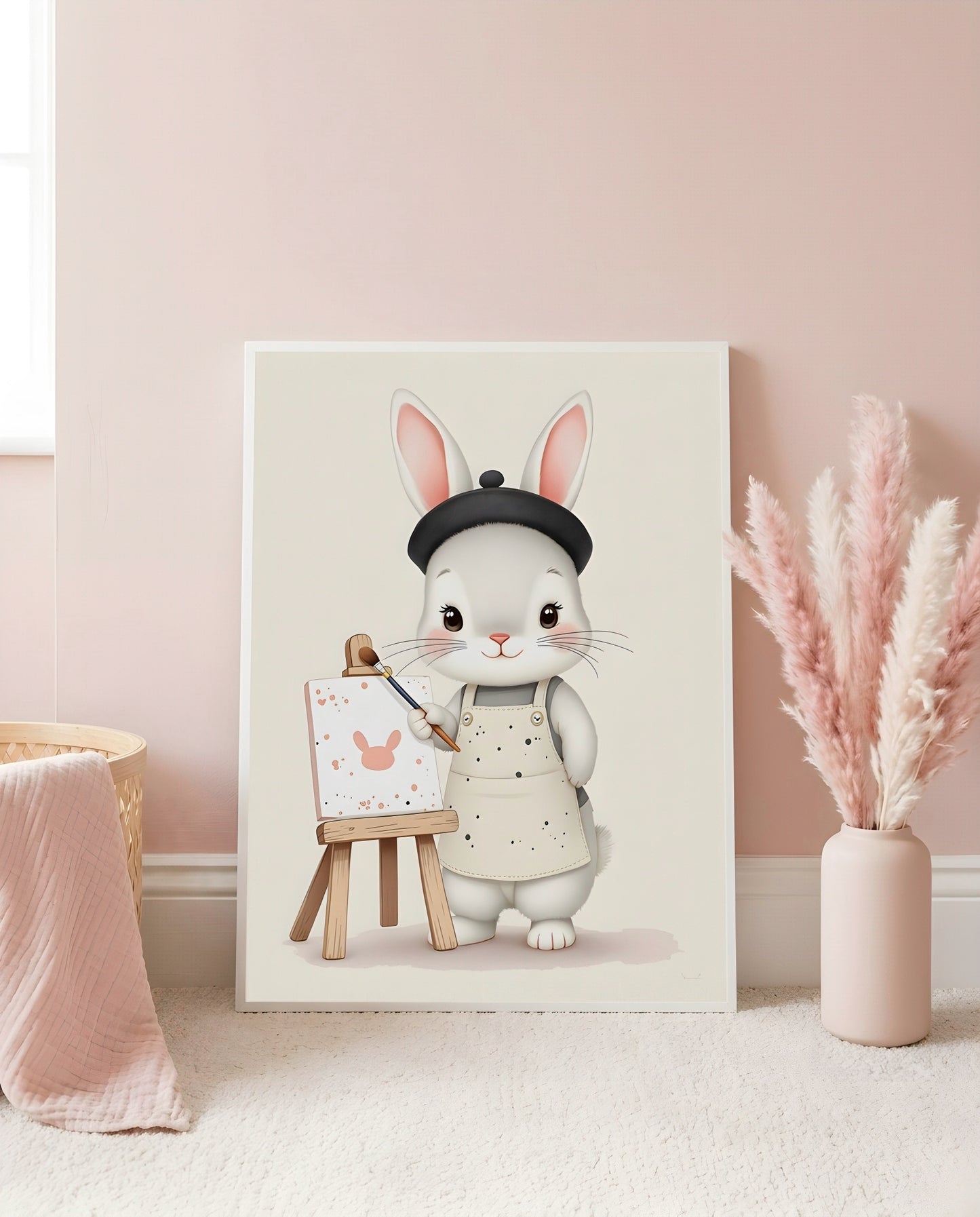 Nursery Baby Bunny Artist Retro Flat Character Printable Wall Art — leaning against a light wall in a nursery setting