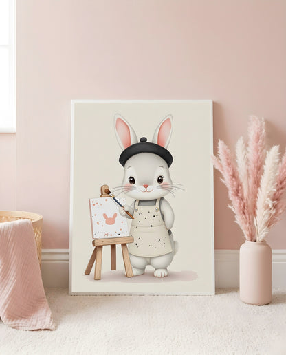 Nursery Baby Bunny Artist Retro Flat Character Printable Wall Art — leaning against a light wall in a nursery setting