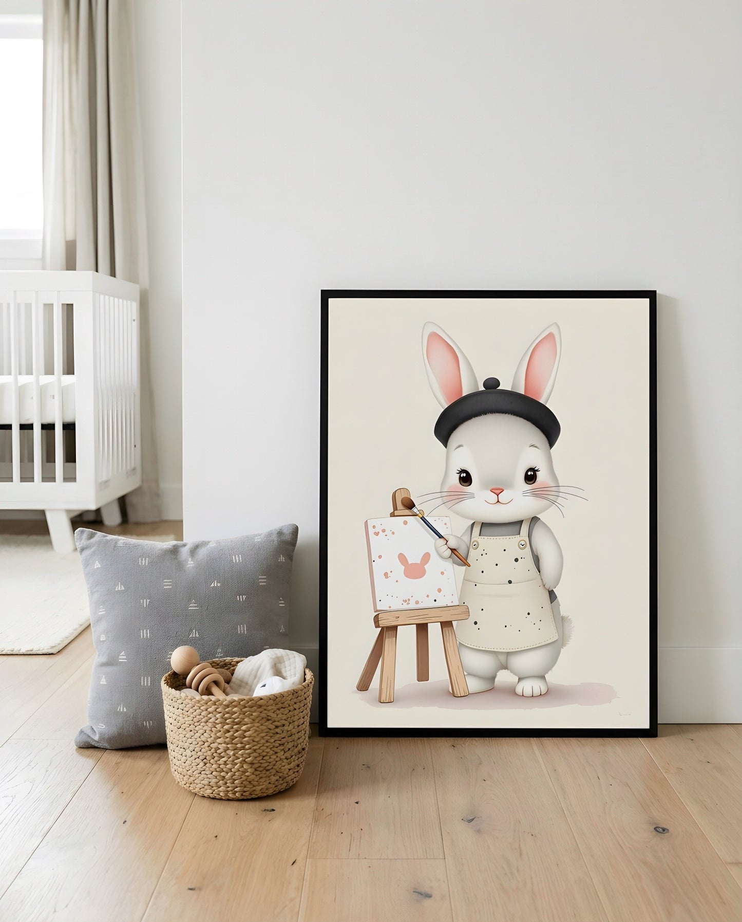 Nursery Baby Bunny Artist Retro Flat Character Printable Wall Art — displayed in a styled home setting