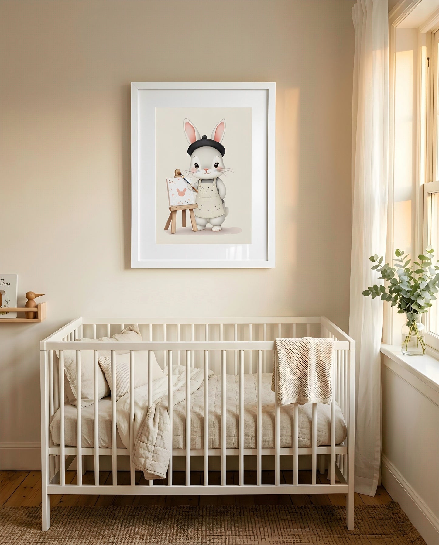 Nursery Baby Bunny Artist Retro Flat Character Printable Wall Art — framed in white above a crib in a softly lit nursery