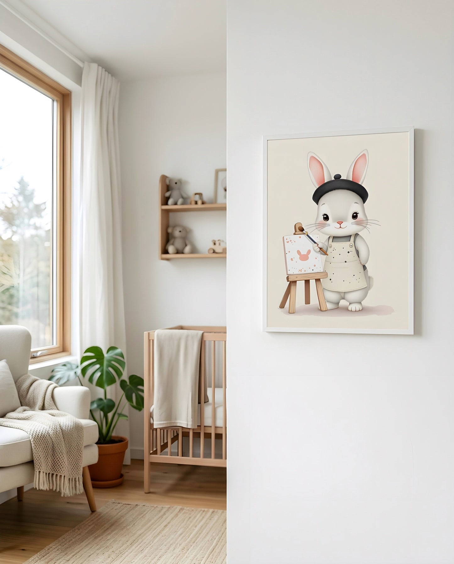 Nursery Baby Bunny Artist Retro Flat Character Printable Wall Art — displayed beside a window in warm natural light