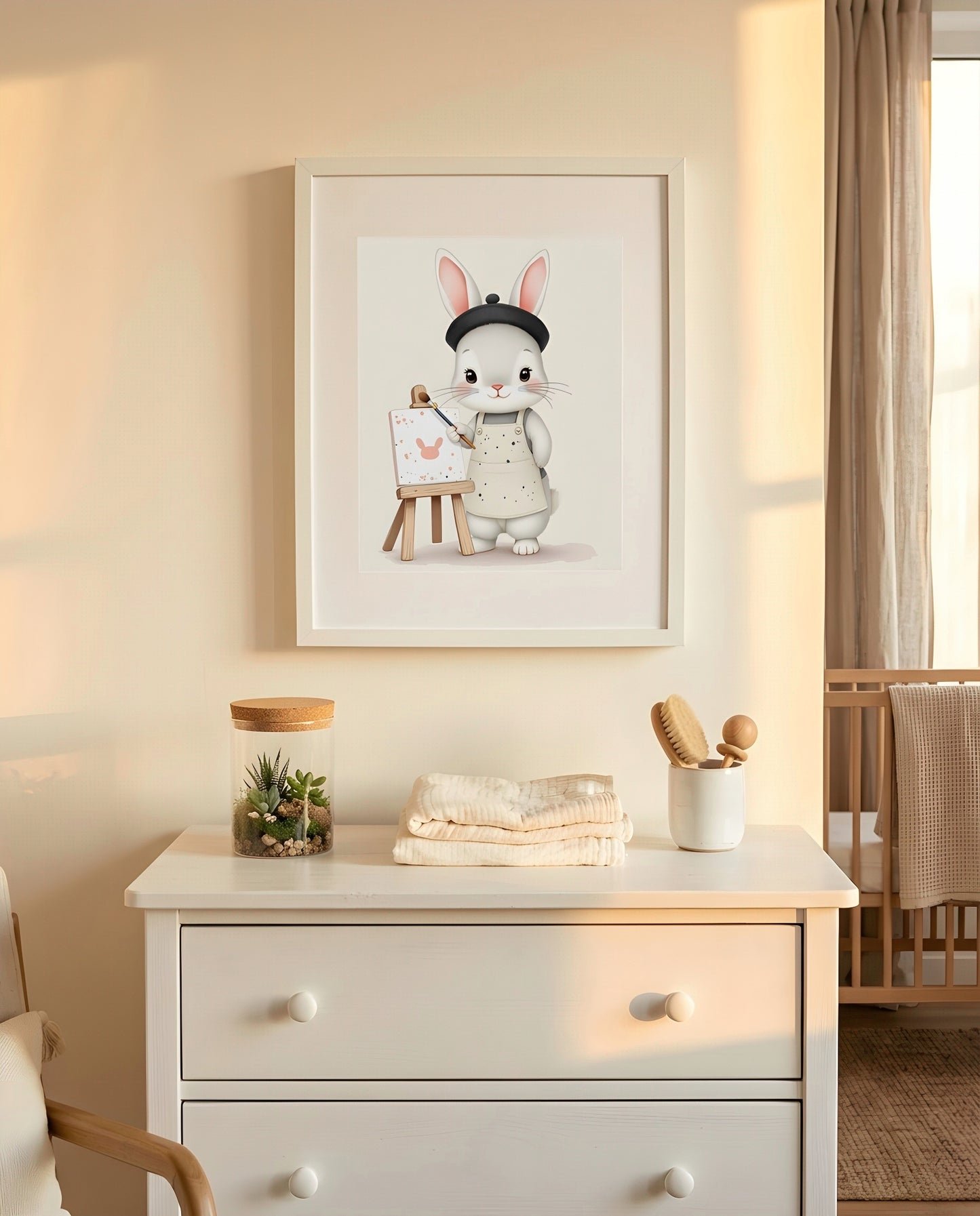 Nursery Baby Bunny Artist Retro Flat Character Printable Wall Art — hung above a nursery dresser on a warm-toned wall