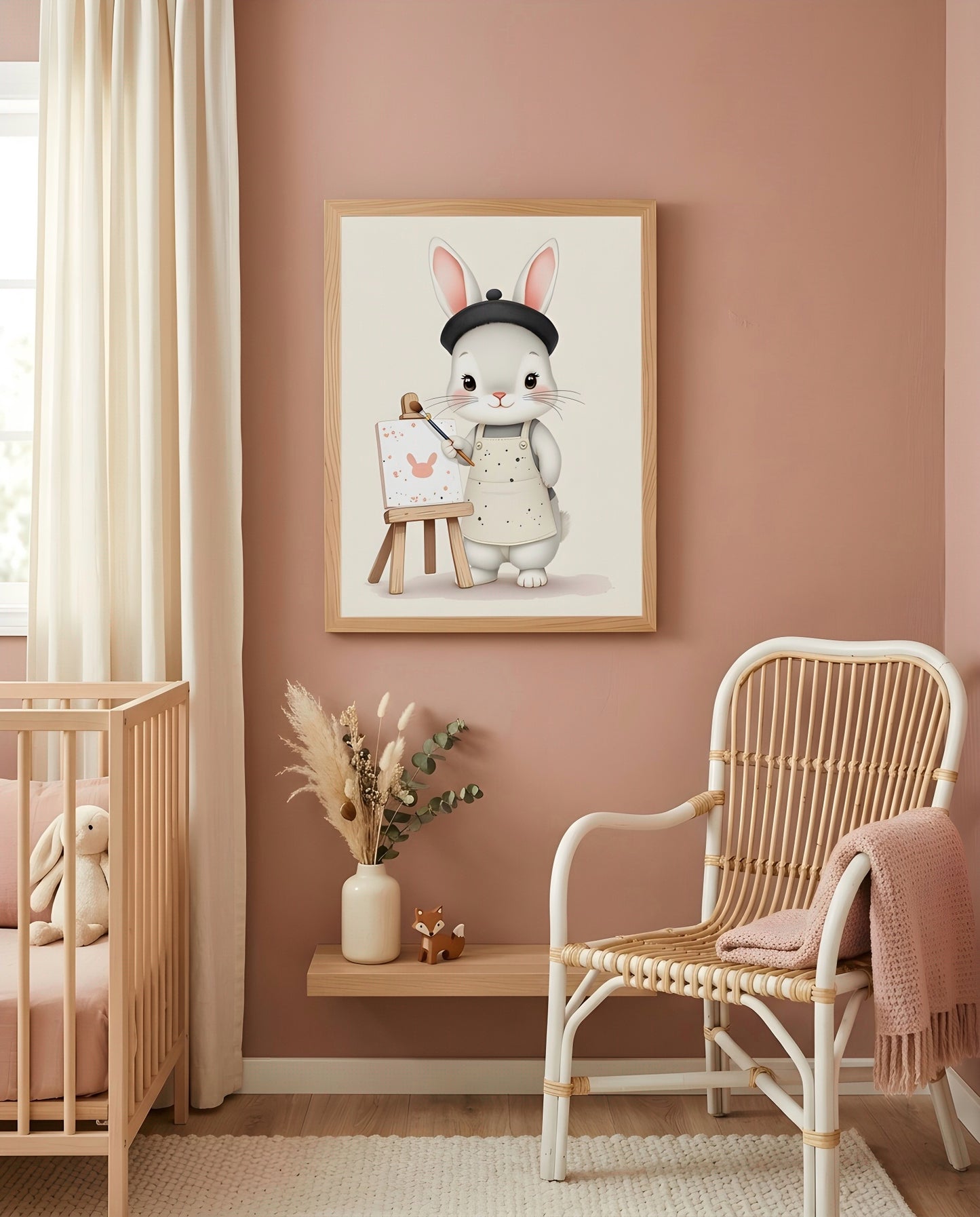 Nursery Baby Bunny Artist Retro Flat Character Printable Wall Art — displayed in a styled nursery room corner