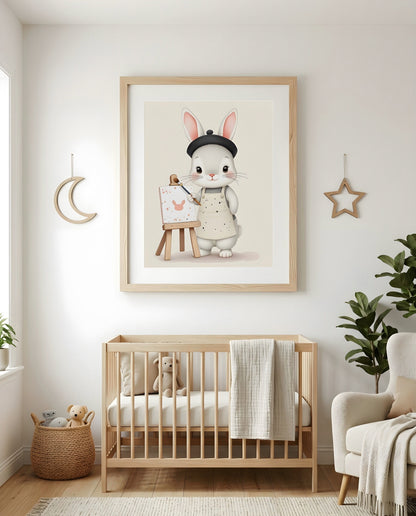Nursery Baby Bunny Artist Retro Flat Character Printable Wall Art — as part of a gallery wall arrangement