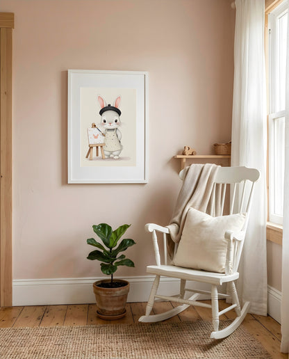 Nursery Baby Bunny Artist Retro Flat Character Printable Wall Art — displayed in a styled nursery room corner