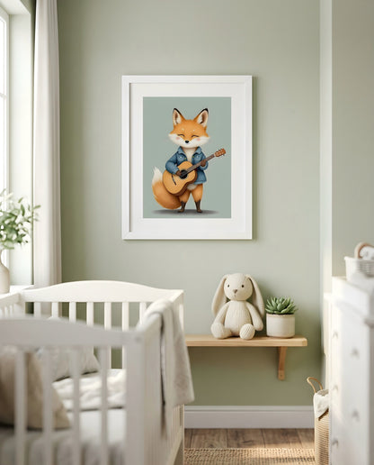 Nursery Baby Fox Musician Retro Flat Character Printable Wall Art — framed in white on a neutral nursery wall