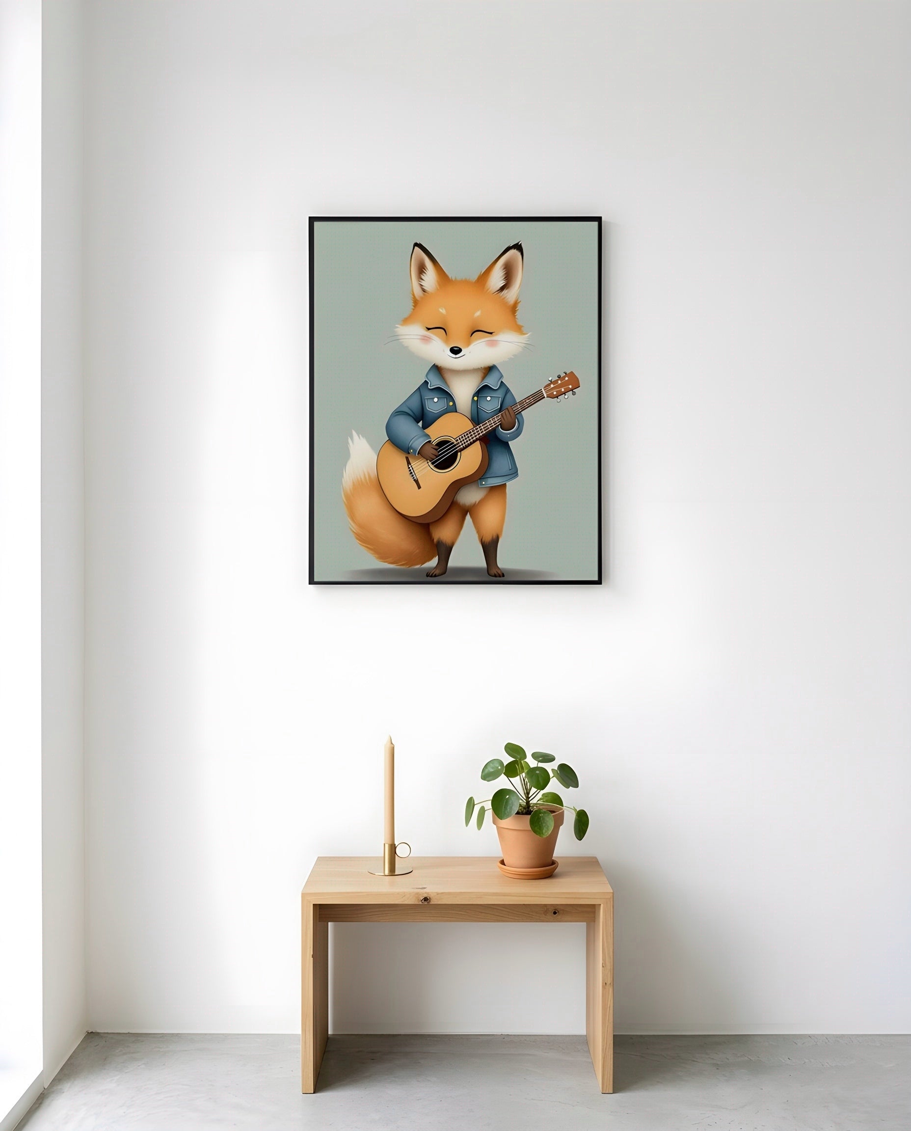 Nursery Baby Fox Musician Retro Flat Character Printable Wall Art — displayed in a styled nursery room corner
