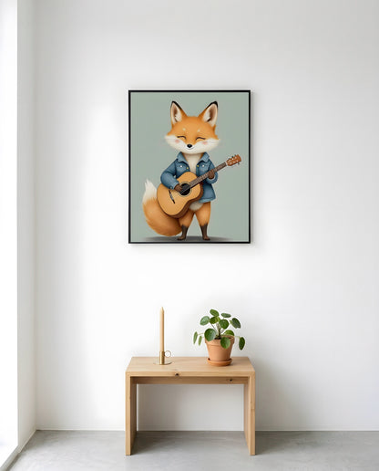 Nursery Baby Fox Musician Retro Flat Character Printable Wall Art — displayed in a styled nursery room corner