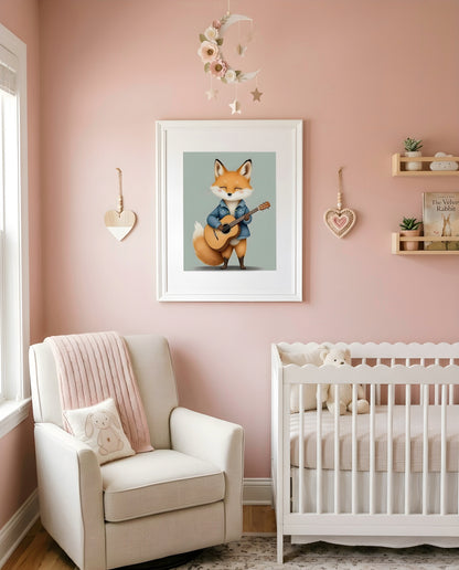 Nursery Baby Fox Musician Retro Flat Character Printable Wall Art — as part of a gallery wall arrangement