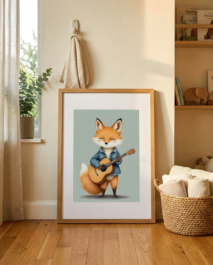 Nursery Baby Fox Musician Retro Flat Character Printable Wall Art — leaning against a light wall in a nursery setting