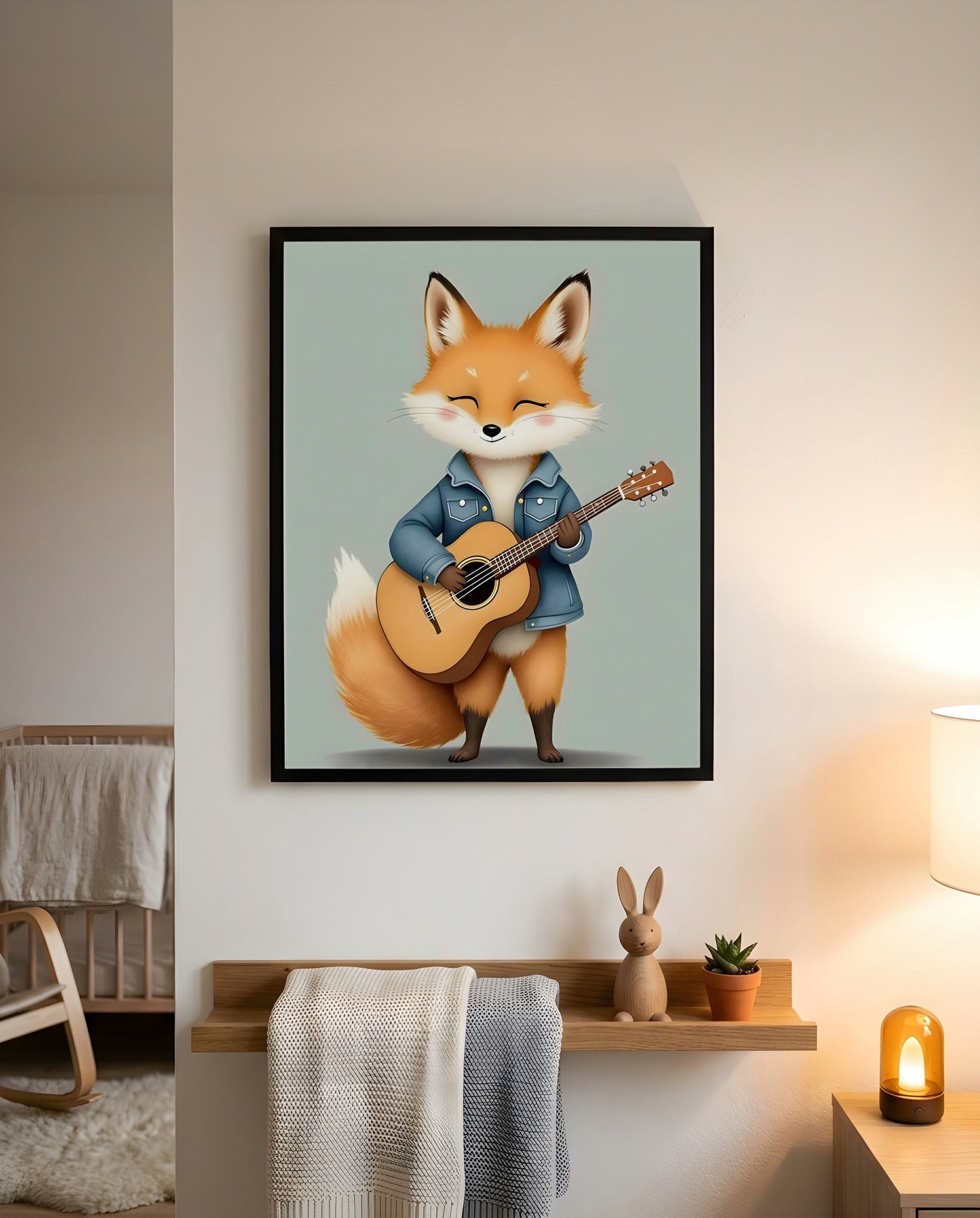 Nursery Baby Fox Musician Retro Flat Character Printable Wall Art — displayed in a styled home setting