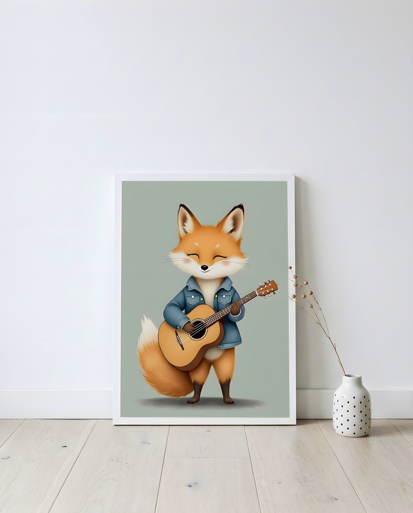 Nursery Baby Fox Musician Retro Flat Character Printable Wall Art — displayed in a styled home setting