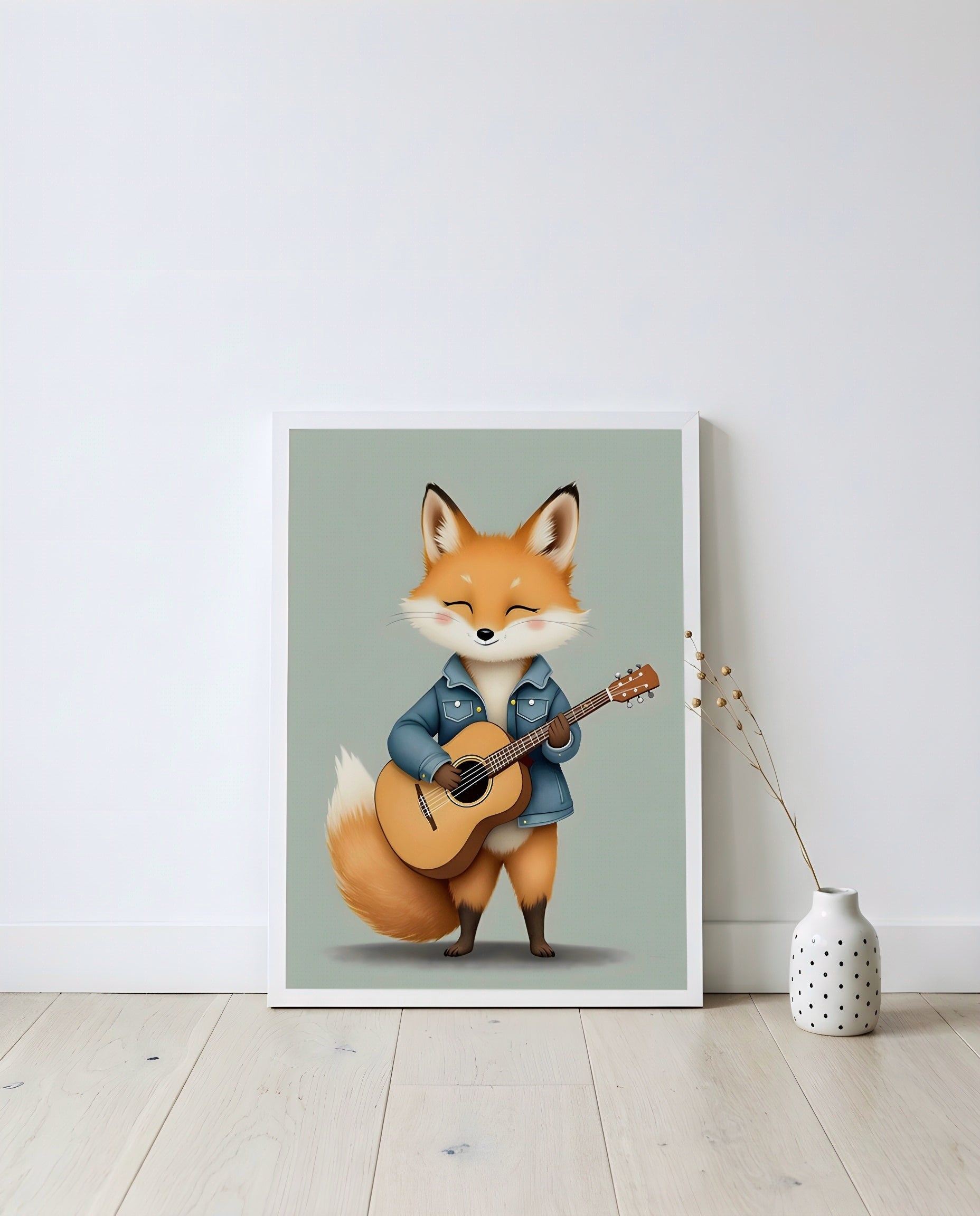 Nursery Baby Fox Musician Retro Flat Character Printable Wall Art — displayed in a styled home setting